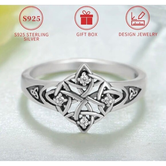 S925 Pure Silvery Celtic Knot Ring with Inlay Synthetic Zirconia Size 7 - Picture 3 of 6